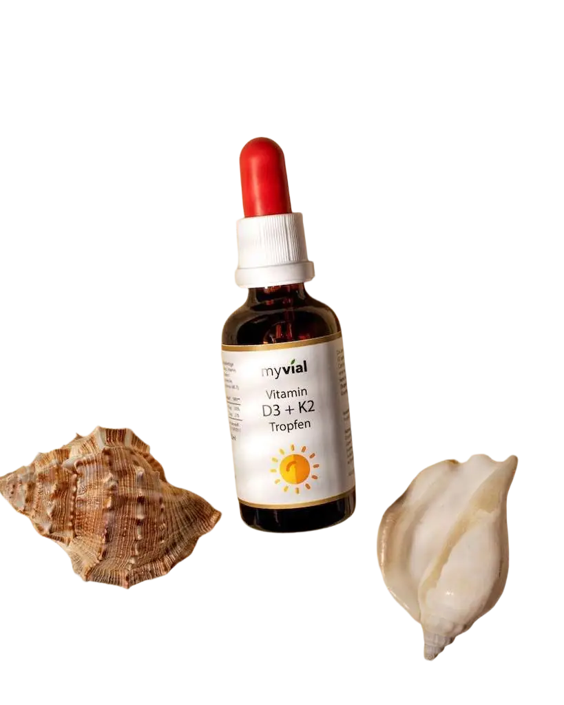 Vitamin D3 + K2 Nahrungsergänzung von myvial, überdosiert 1000 IE pro Tropfen, in MCT Öl, Premium K2Vital® Flasche.