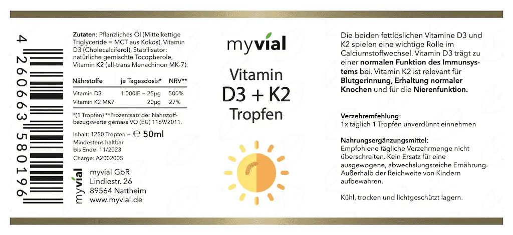 Nahrungsergänzung Vitamin D3 + K2 überdosiert, 1000 IE pro Tropfen, von myvial in MCT-Öl, flüssige K2Vital® Tropfen.
