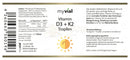 Myvial vitamin d3 + k2 tropfen premium k2vital® in klarem flaschen mit weißem etikett zur calcium absorption mit mct öl