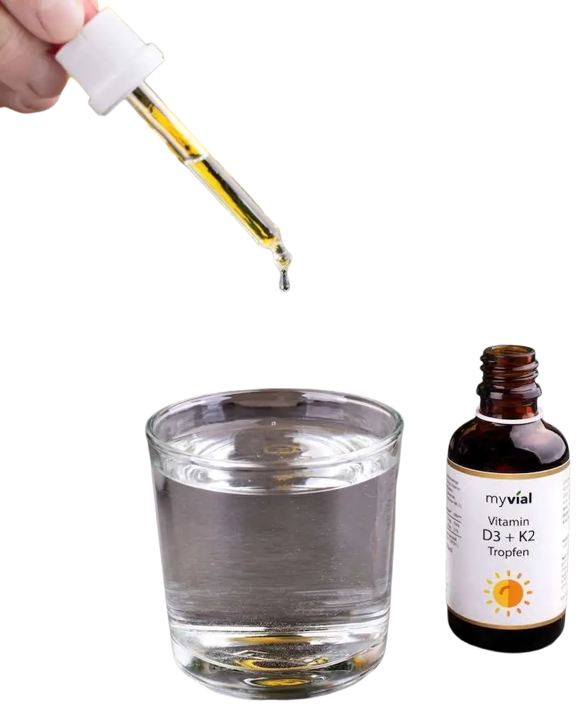Nahrungsergänzung Vitamin D3 + K2 Tropfen von myvial, überdosiert 1000 IE, mit MCT Öl, in einer braunen Flasche.