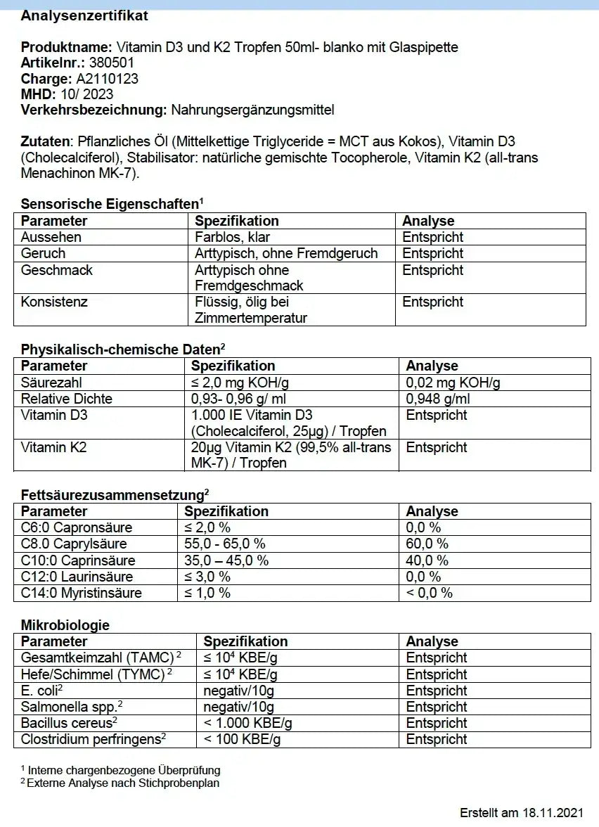 Nahrungsergänzungsmittel Vitamin D3 + K2 überdosiert, 1000 IE pro Tropfen, in MCT Öl, von myvial, Kappa K2Vital®