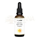 Ein schlankes bernsteinfarbenes glasfläschchen mit schwarzem tropfverschluss myvial vitamin d3 + k2 tropfen premium k2vital® für calcium absorption