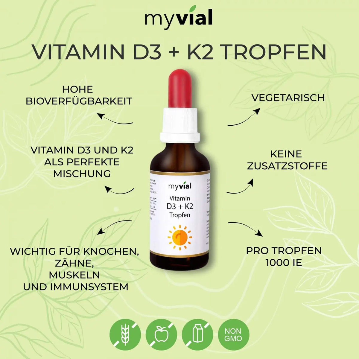 Vitamin D3 + K2 Nahrungsergänzung von myvial, überdosiert 1000 IE pro Tropfen, in MCT Öl, Premium K2Vital® Verpackung sichtbar