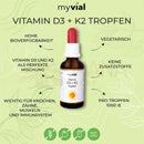 Myvial vitamin d3 plus k2 tropfen premium k2vital in braunglasflasche mit weißer kappe zur calcium absorption
