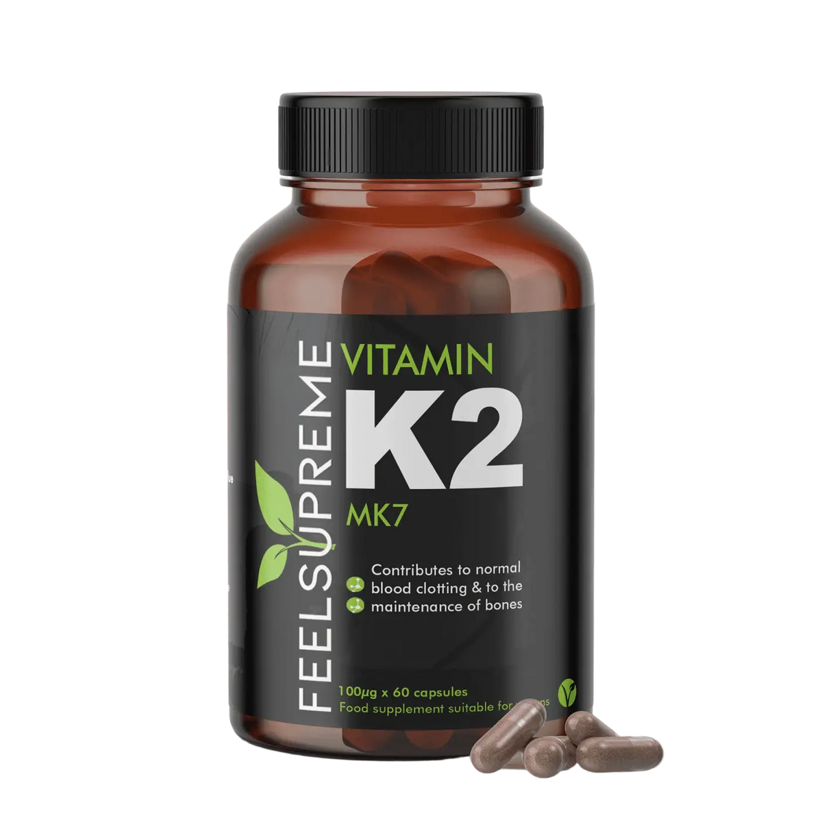 Nahrungsergänzungsmittel Vitamin K2 MK7 von Feel Supreme, bioaktive K2-Form in brauner Flasche.