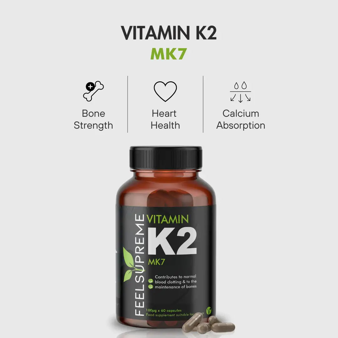 Vitamin K2 MK7 Nahrungsergänzung von Feel Supreme in dunkler Verpackung, bioaktive Form für gesunde Knochen und Gefäße