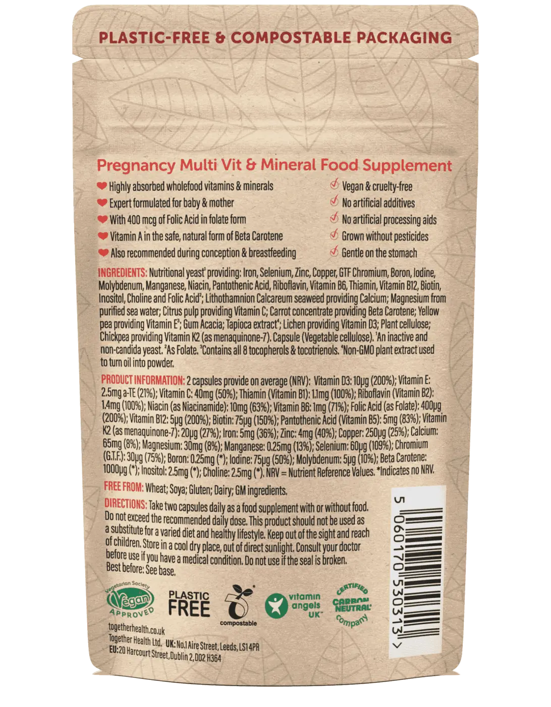 Nahrungsergänzungsmittel für Schwangerschaft mit Folsäure und Vitamin A von Together Health, flache Packung mit Tabletten