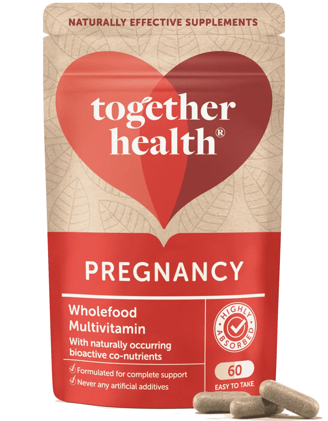 Nahrungsergänzungsmittel für die Schwangerschaft mit Folsäure und Vitamin A von Together Health, Flasche mit Tabletten.