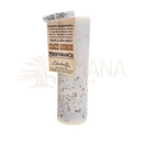 Weiße handgemachte kerze mit rauchquarz und beigem etiket smoky quartz von vives de la cortada mana shop