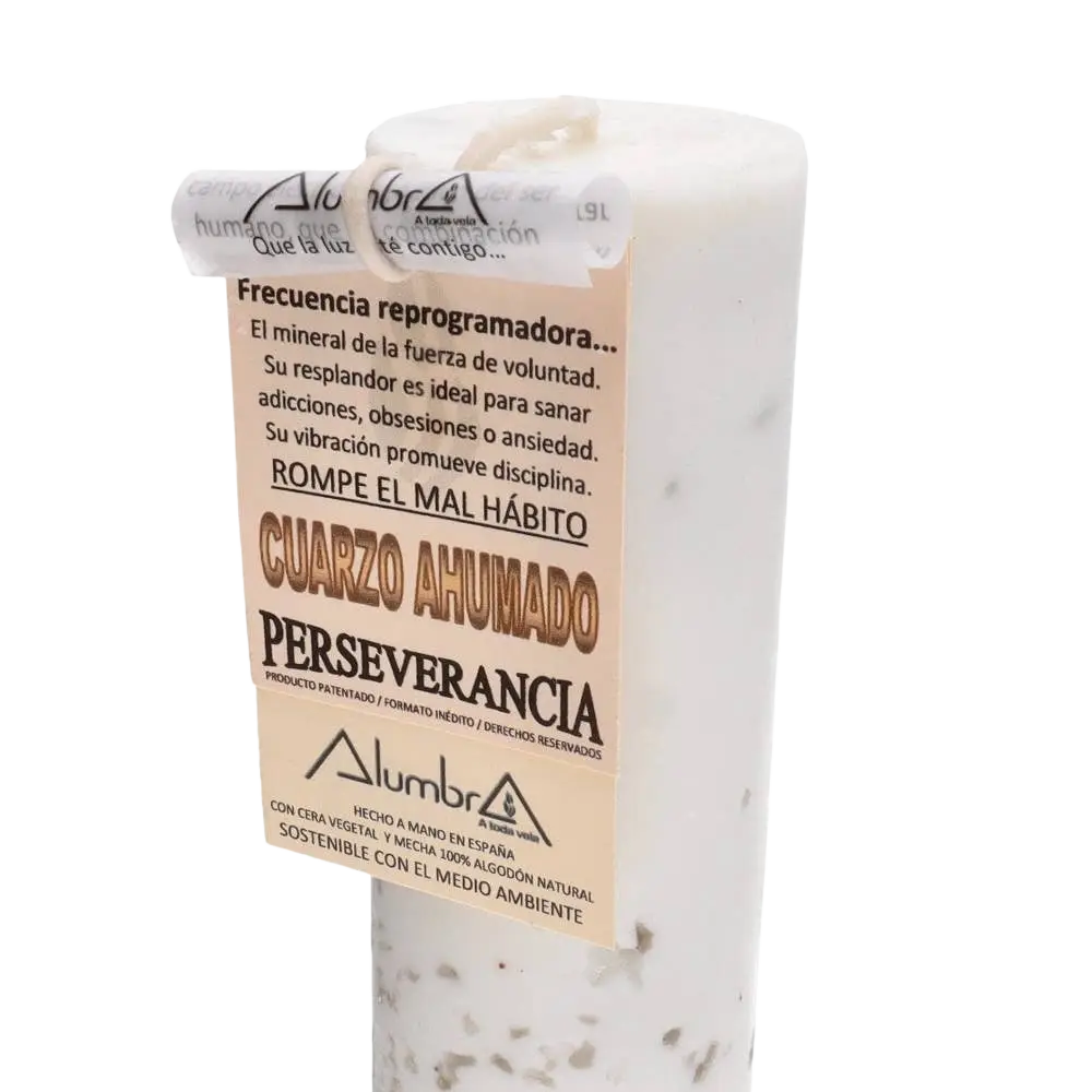 Handgemachte Kerze von Vives de la Cortada S.L mit Rauchquarz, elegantes Design für Perseverance und innere Ruhe.