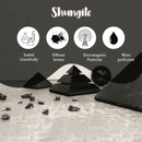 Eine Infografik mit dem Titel „Shungite“, die schwarze Schungit-Objekte wie Pyramiden und eine Kugel zeigt, ergänzt durch Icons für wissenschaftliche Forschung, verschiedene Formate, Elektrosmog-Schutz und Wasserreinigung.