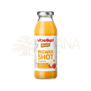 Voelkel shot ingwer demeter in einer klaren glasflasche mit silberkappe gefüllt mit orangem ingwersaft, mana shop image to zoom