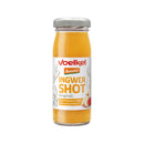Voelkel Ingwer-Shot mit Demeter-Qualität, Flasche mit gelbem Sirup und Ingwerstücken sichtbar, natürliches Ingwergetränk
