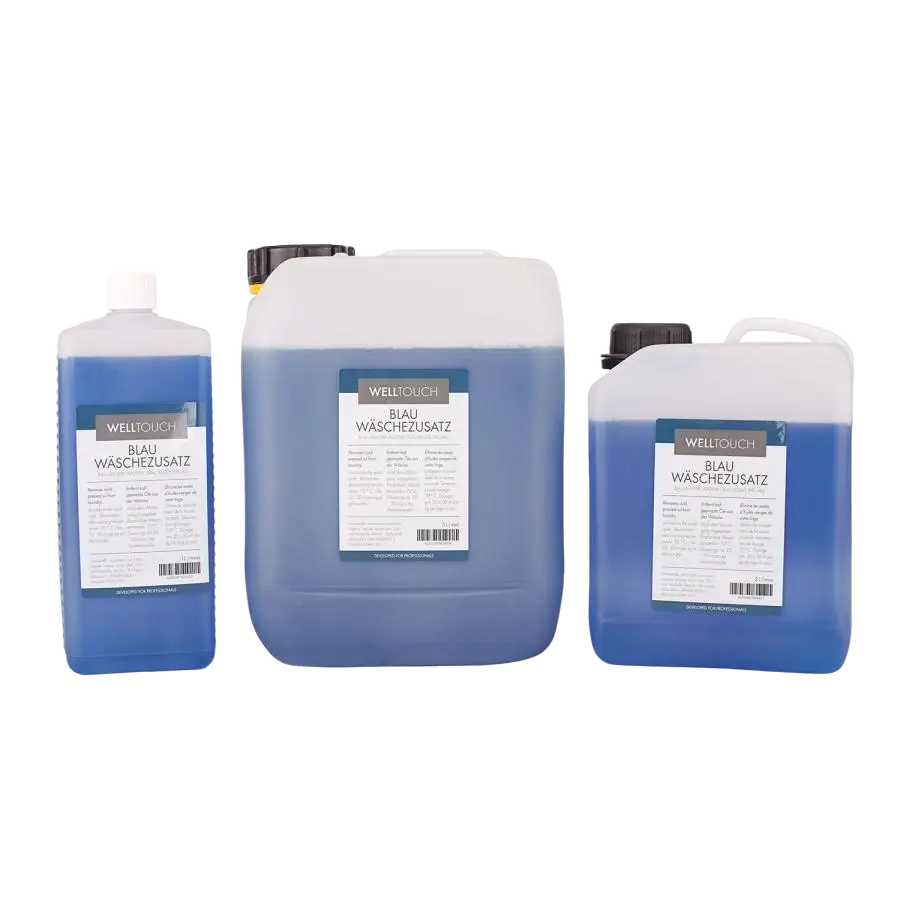 Blauer Wäschereiniger WellTouch Waschmittel in einer Flasche, ideal für saubere Wäsche und Fleckenentfernung.