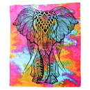 Vibranter wandbehang ritualtuch aus baumwolle mit regenbogenfarbenem elefant und feiner schwarzer linienkunst