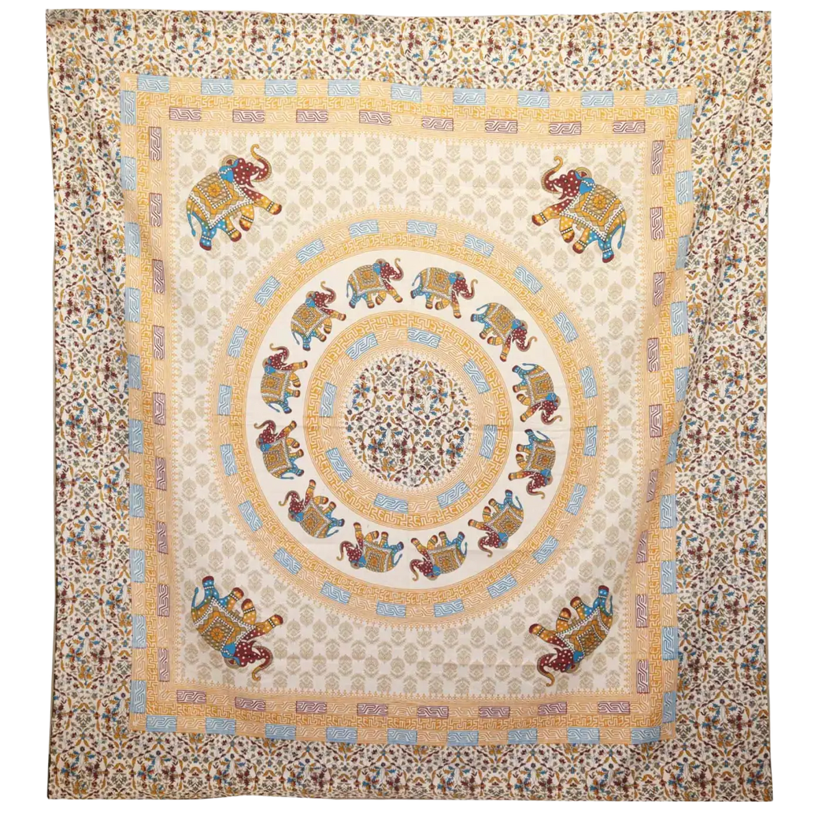 Wandteppich Ritualtuch mit Elefanten-Mandala, braun und orange, 212x193cm, handgefertigt von AW Artisan