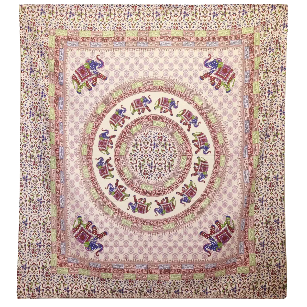 Wandteppich Ritualtuch Wandbehang mit Elefanten-Mandala in Lila und Blau, 212x193 cm, von AW Artisan