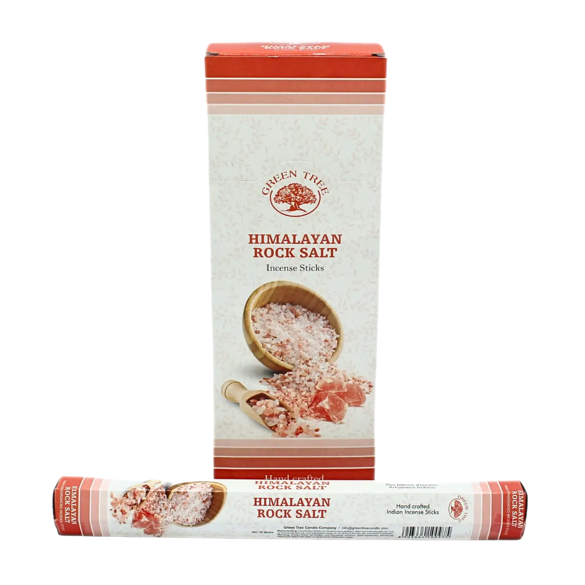 Green Tree Räucherstäbchen mit Himalaya-Salz für Raumreinigung und Achtsamkeit, zeigt brennende Räucherstäbchen und Himalaya-Salz.