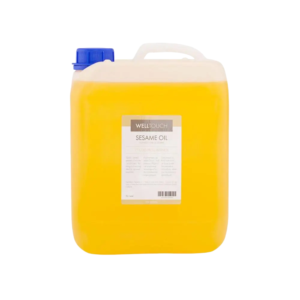 WellTouch Sesamöl Bio Körperöl, 1. Kaltpressung gereift, 5 L, milchige Flüssigkeit in Flasche