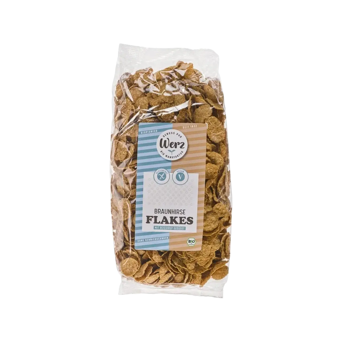 Werz Braunhirse Flakes glutenfrei, EU Bio, 250g Packung, glutenfreie Cornflakes aus Braunhirse in Verpackung
