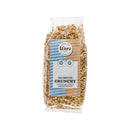 Ein 200-g-Beutel Werz „Crunchy Buchweizen“ Müsli, als glutenfrei und Bio gekennzeichnet, mit sichtbaren goldbraunen Knusperstücken im Inneren.