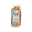 Ein klarer plastikbeutel mit goldenbraunem, knusprigem werz crunchy buchweizen granola mit blau-beigem etikett