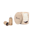 Bamboozy bambus cotton pad halter und passendes earbuds case aus naturholz mit eingraviertem branding ideal für nagellack und silikonspitzen