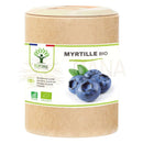 Ein brauner zylinderförmiger papiertiegel mit einem weißen etikett bio blaubeere myrtille zur unterstützung der augengesundheit gegen freie radikale