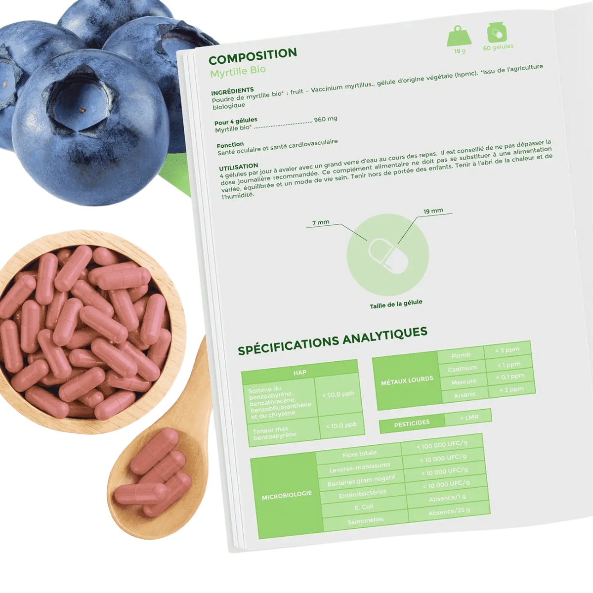 Bioptimal Wilde Bio Blaubeere Myrtille Nahrungsergänzung in Kapseln zur Unterstützung der Augengesundheit, dunkle Kapseln vor weißem Hintergrund