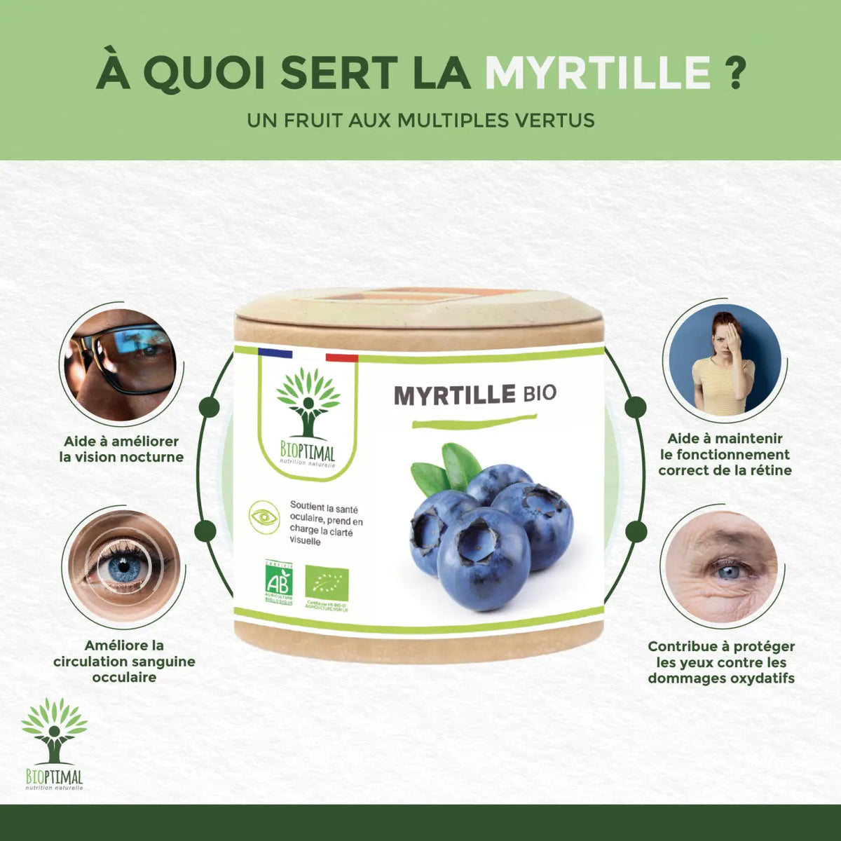 Bioptimal Wilde Bio Blaubeere Myrtille in Kapseln, Nahrungsergänzung zur Unterstützung der Augengesundheit, sichtbare Kapseln