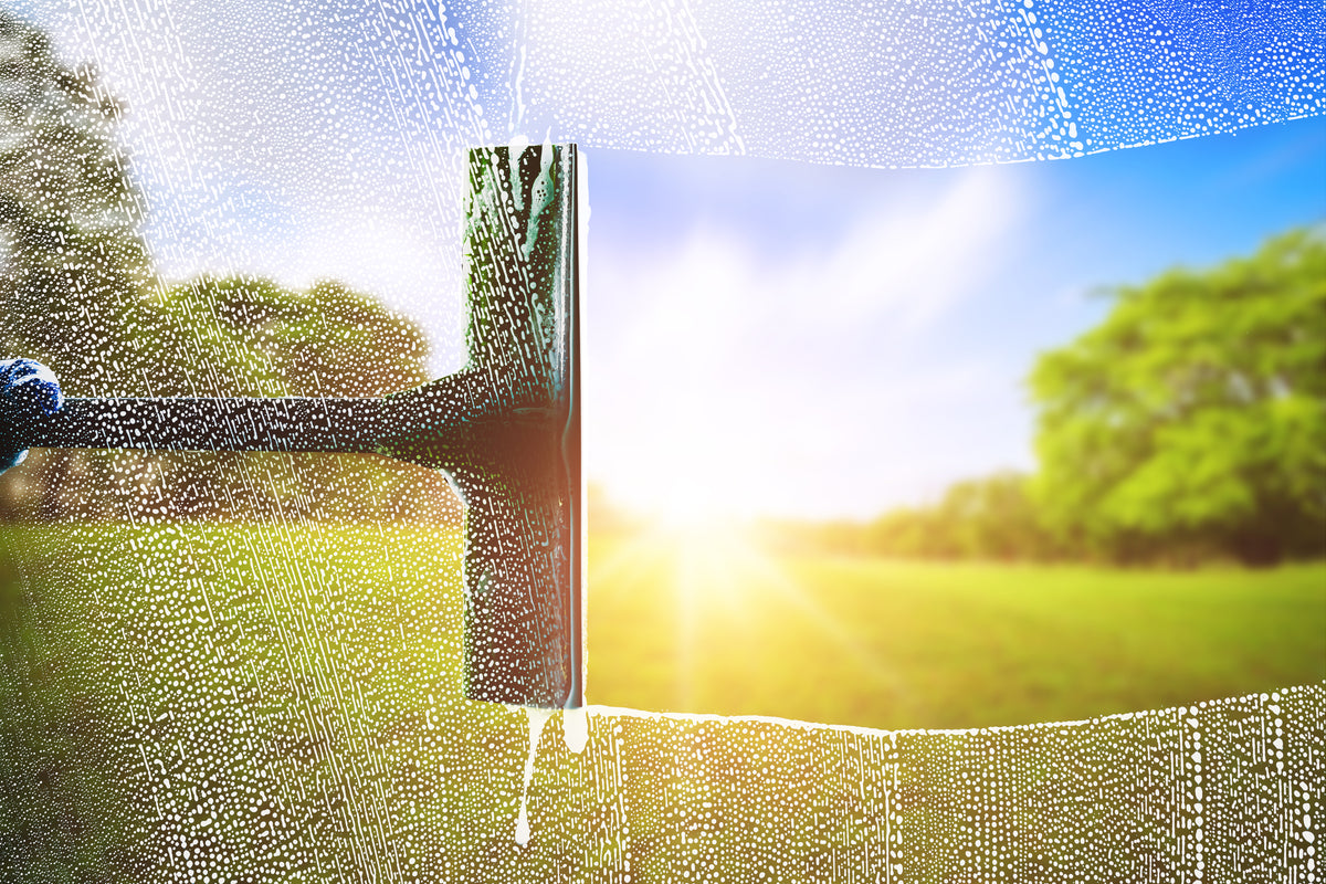 Fensterreinigung mit Abzieher auf einer Glasfläche bei sonnigem Wetter im Garten.