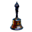 Yak & Yeti Mantra Tingsha Glocke, traditionelles Musikinstrument mit silberner Oberfläche und geschnitzten Mustern.
