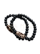 Schwarzes beaded armband mit zwei braun-weißen tigerauge perlen aus recycelter knochenperle und nepalesischer handwerkskunst
