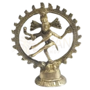 Goldene messingstatue tanzender shiva mit mehreren armen in einem kunstvoll verzierten kreisrahmen von yak & yeti