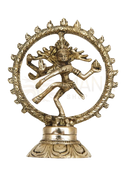 Goldene messingskulptur tanzender shiva als nataraja in dynamischer pose im mana shop bei yak und yeti