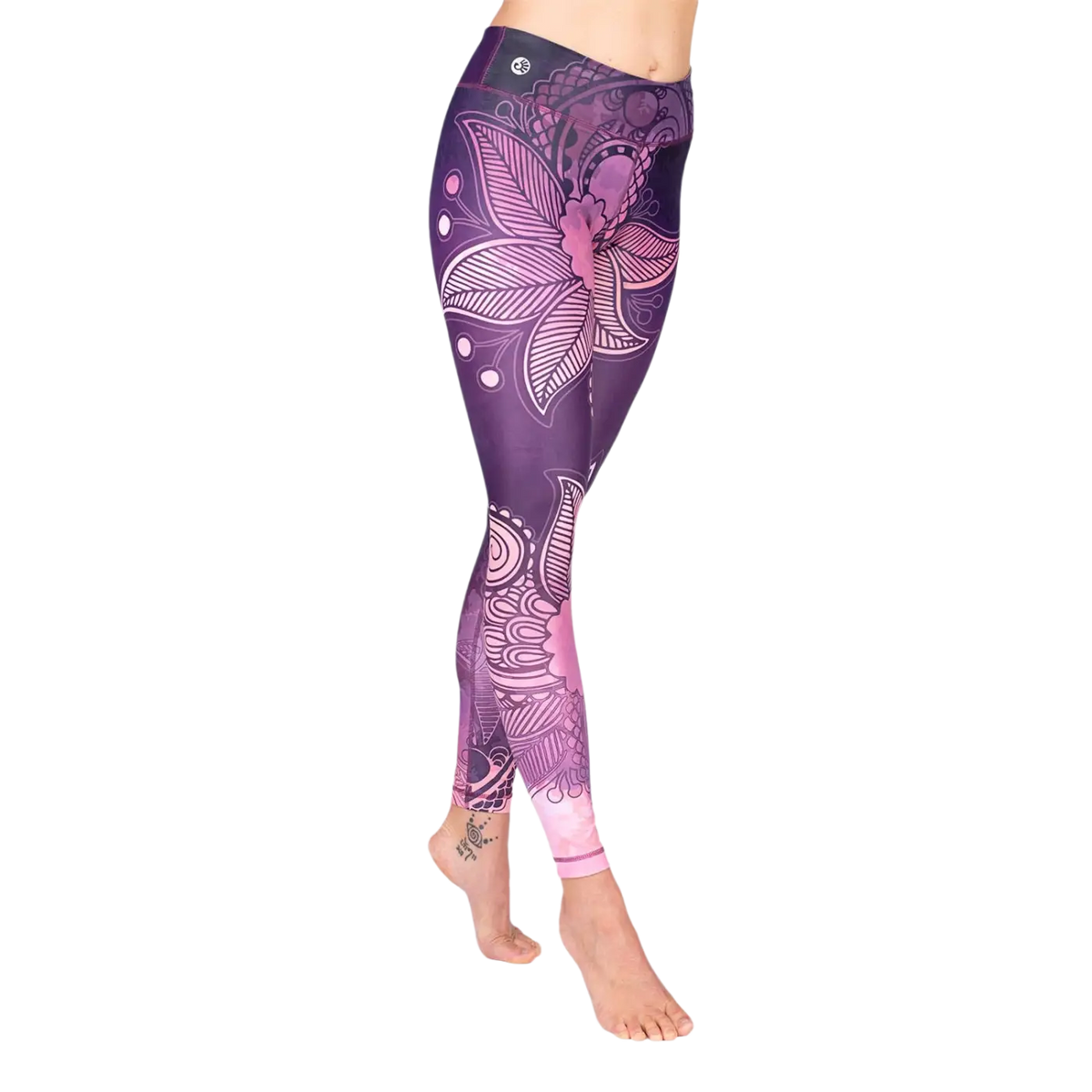 Bodynova Yoga Leggings Niyama in Lila mit Blumenmuster, bequeme Yogakleider für Damen, sportlich und bequem