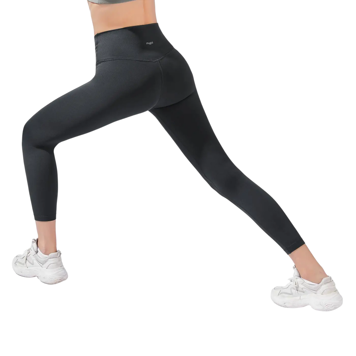 Schwarze 7/8 Yoga Leggings mit hoher Taille von Myga Eco, bequemes Yogakleid für Damen, elastisch und atmungsaktiv.