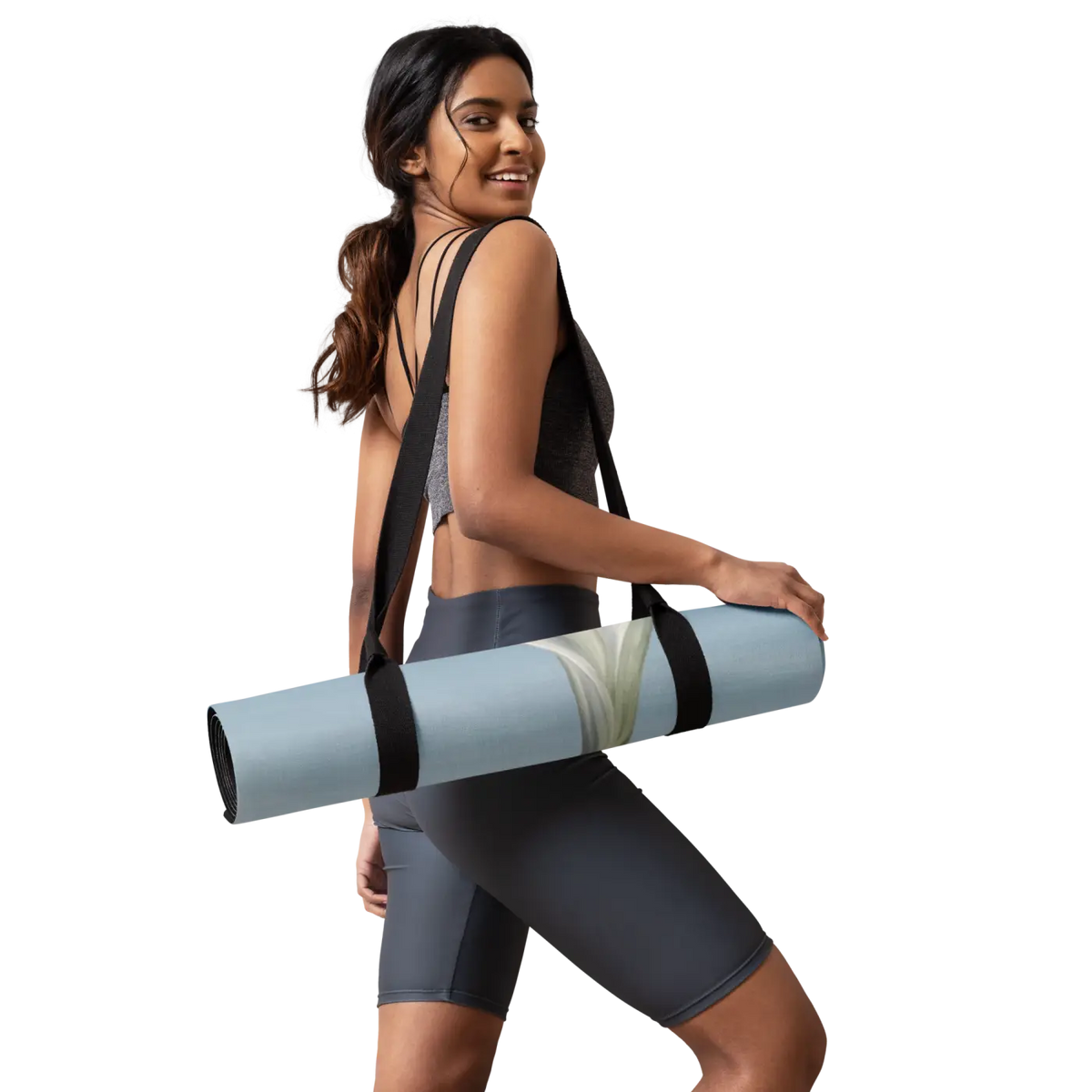 Helle blaue Bodynova Yogamatte "Cloud Flower" mit Blumendruck, rutschfest und strapazierfähig für Yoga-Übungen.