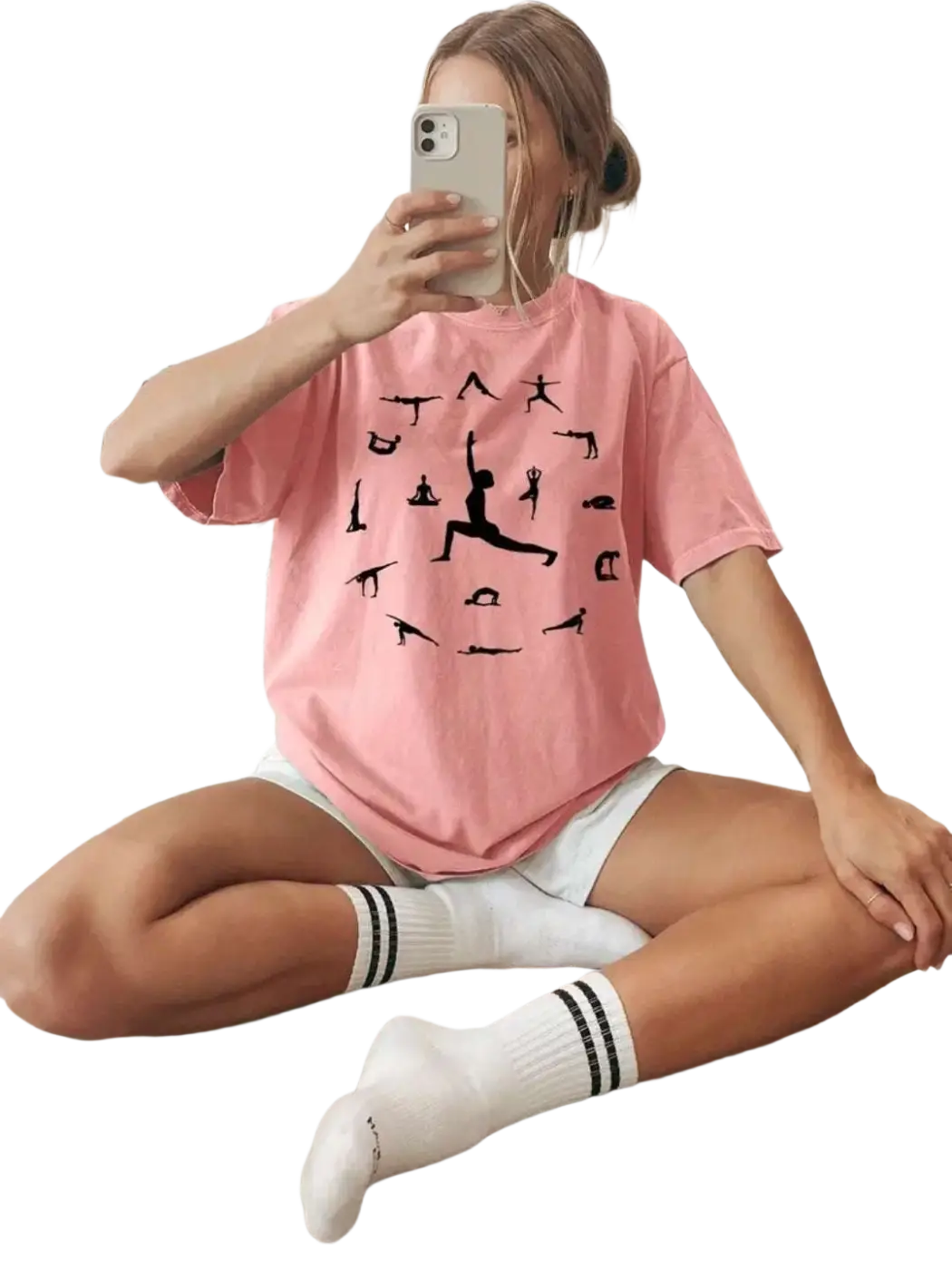 Weißes Yoga-T-Shirt Yogashirt Asanas von Mana Shop, lockeres oversized Design, pinkes und schwarzes Muster, bequemes Kleidungsstück