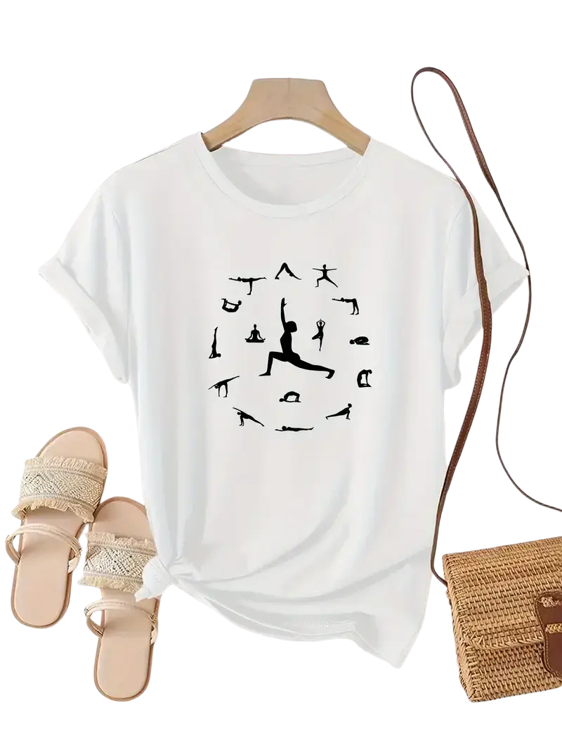 Weißes Yoga-T-Shirt von Mana Shop mit Asanas-Motiv, kurzärmelig, bequemes Yoga- und Sportkleid.