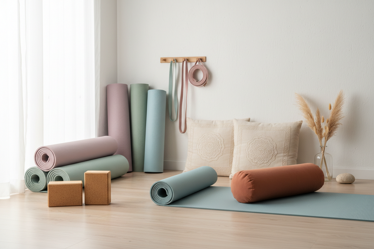Yoga-Zubehör mit farbigen Matten, Blöcken, einem Bolster und einem Gurt in hellem Raum.