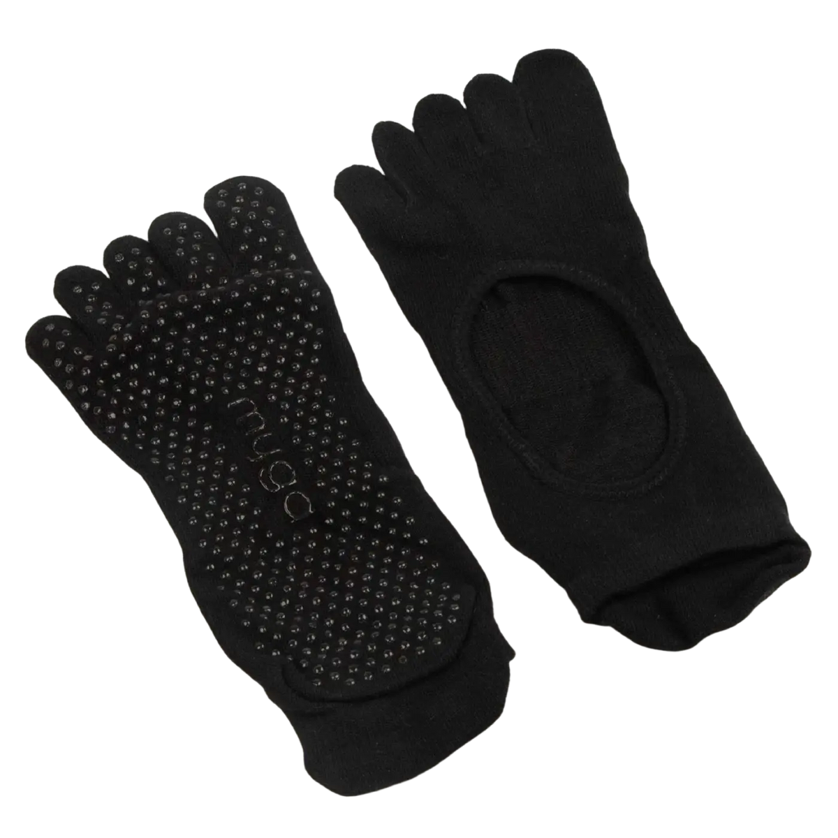 Schwarze Yogasocken mit vollen Zehen von Myga Eco, ideal für Pilates und Yoga, aus atmungsaktivem Yogakleider-Material.