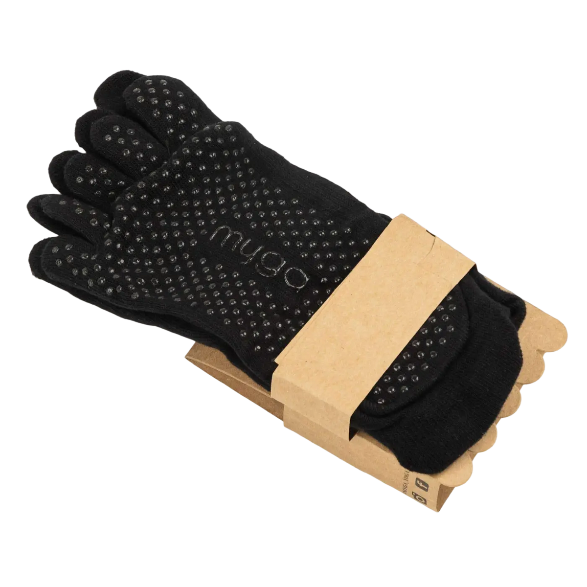 Schwarze Yogasocken mit vollen Zehen von Myga Eco, ideal für Pilates und Yoga, aus atmungsaktivem, rutschfestem Material.