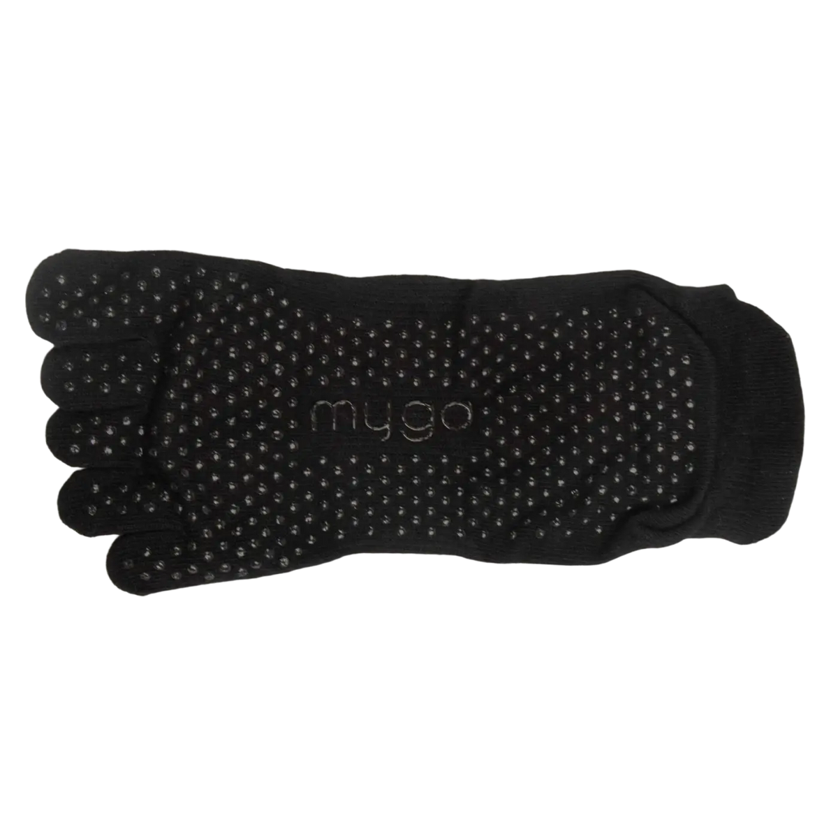 Schwarze Yogasocken mit vollen Zehen von Myga Eco, ideal für Pilates und Yoga, aus atmungsaktivem Material.