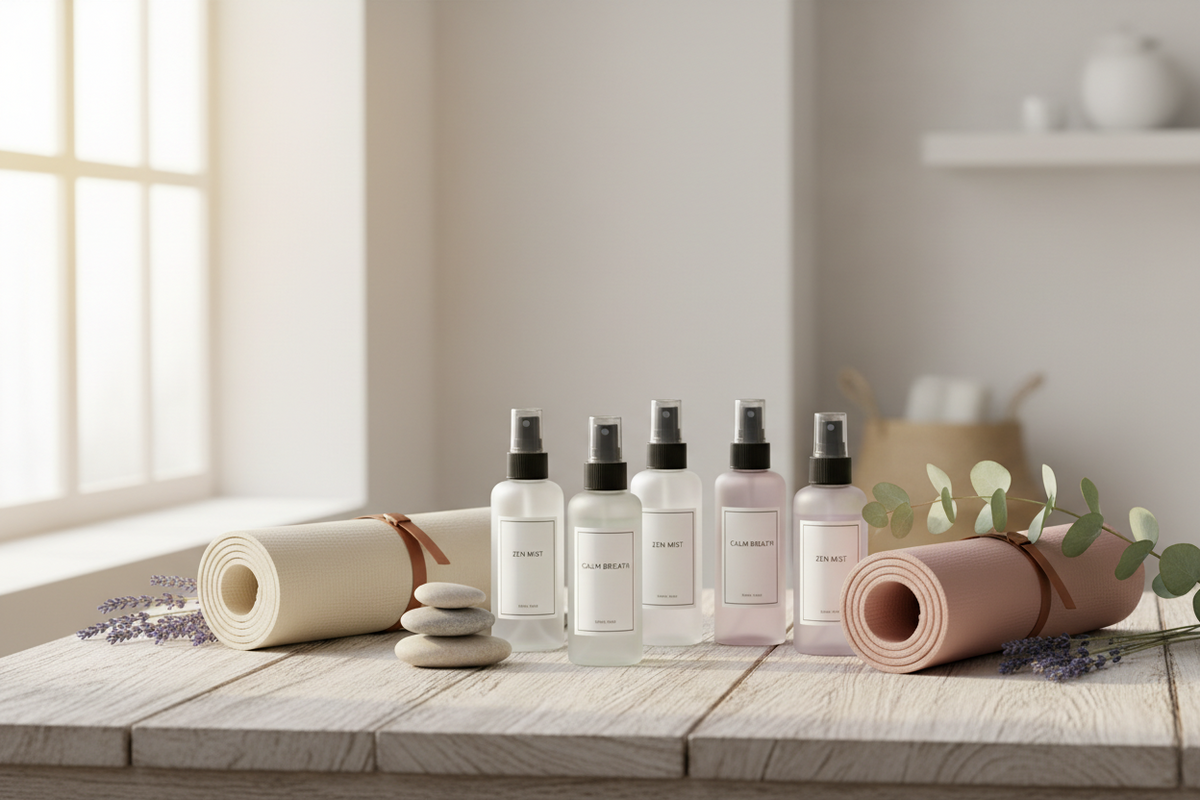 Zen Mist Sprühflaschen, Yoga-Matten und Lavendel auf einem Holztisch in hellem Raum.