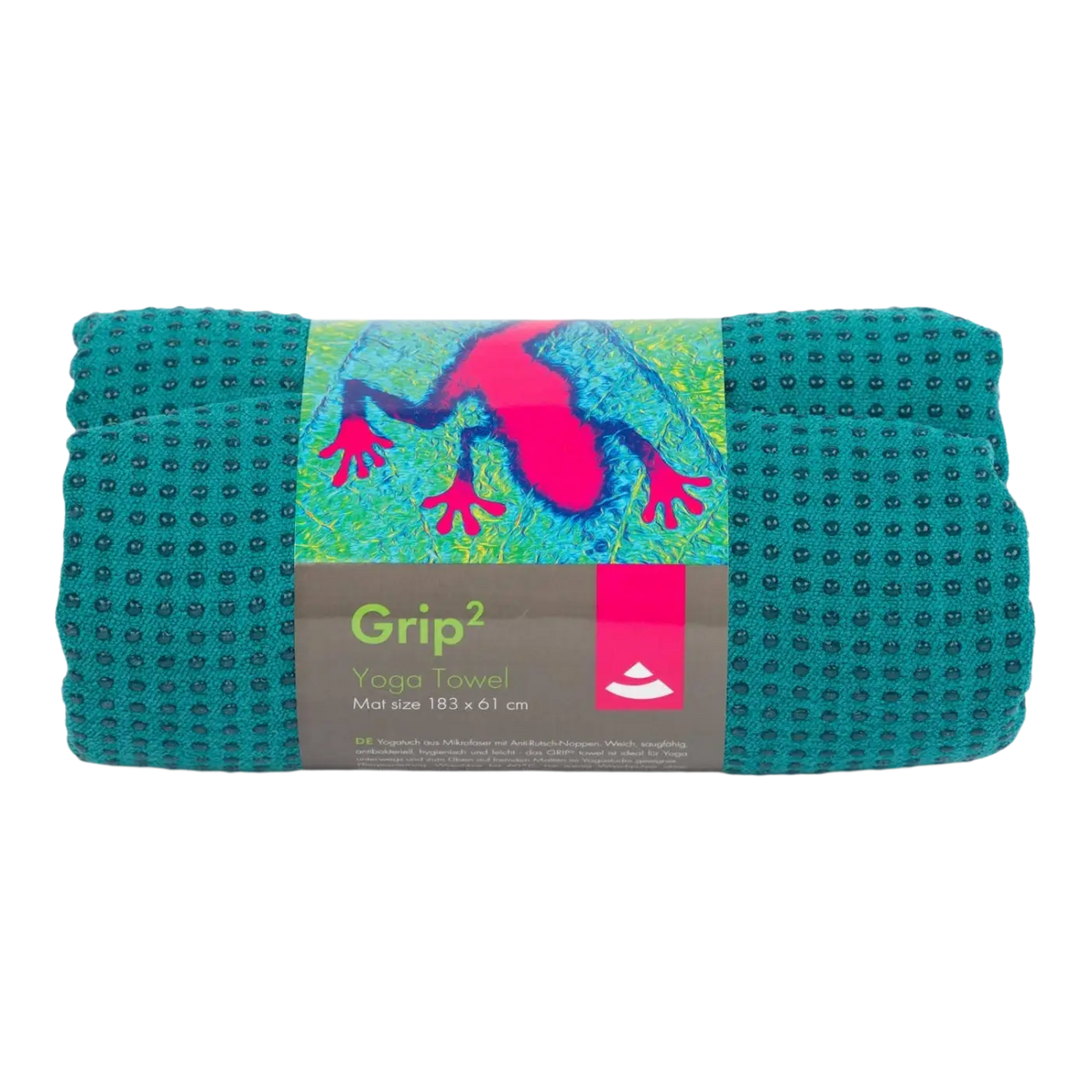 Bodynova Yogatuch Grip² mit Antirutschnoppen in Jungle Green auf Yogamatte, ideal für rutschfeste Yoga-Übungen