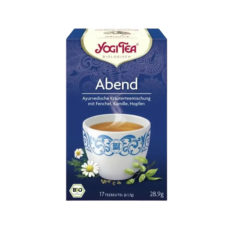 Yogi Tea Abend Gewürztee in blauer und weißer Verpackung, Bio-Qualität, für einen entspannenden Teeabend