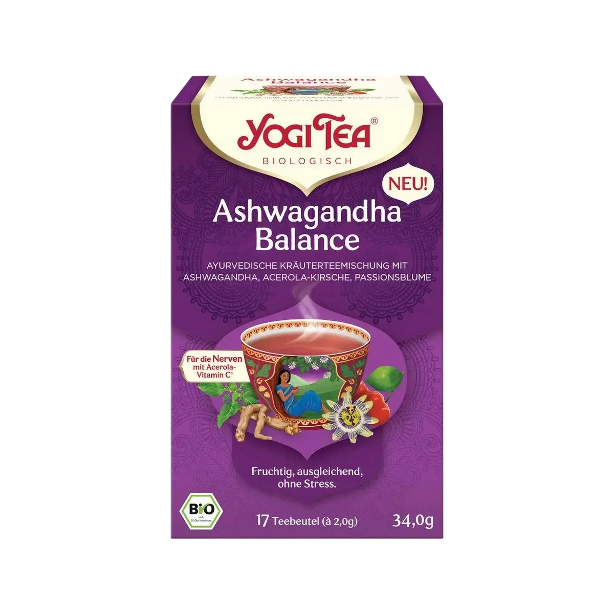 Yogi Tea Ashwagandha Balance Gewürztee in lila Verpackung, Bio-Qualität, Tee und Kaffee, naturbelassene Kräutermischung