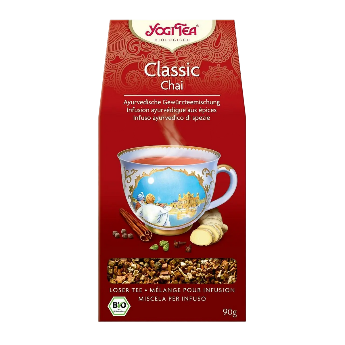 Bio Yogi Tea Classic Chai in roter Verpackung, 90g, ein aromatischer Bio-Tee von Biopartner, ideal für gemütliche Teemomente