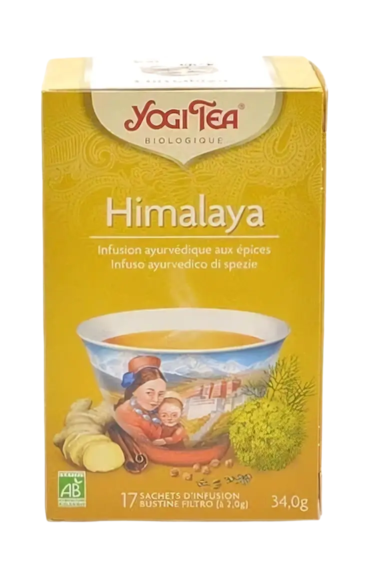 Gelbe Teebox mit 17 Yogi Tea Himalaya Gewürztee, Bio-Qualität, aromatischer Kräutertee in Verpackung